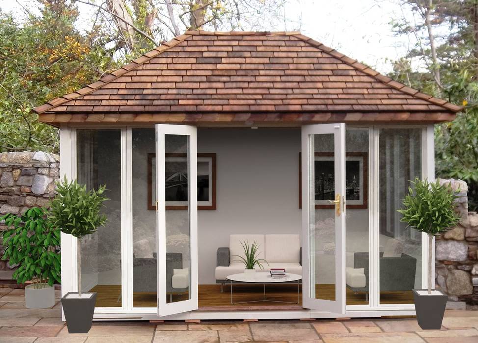 Summerhouse Garden Affairs Ltd Taman Klasik Kayu Wood effect summerhouse,entertaining,seating,long windows,cedar,white,quality,garden,room,relaxing,sublime