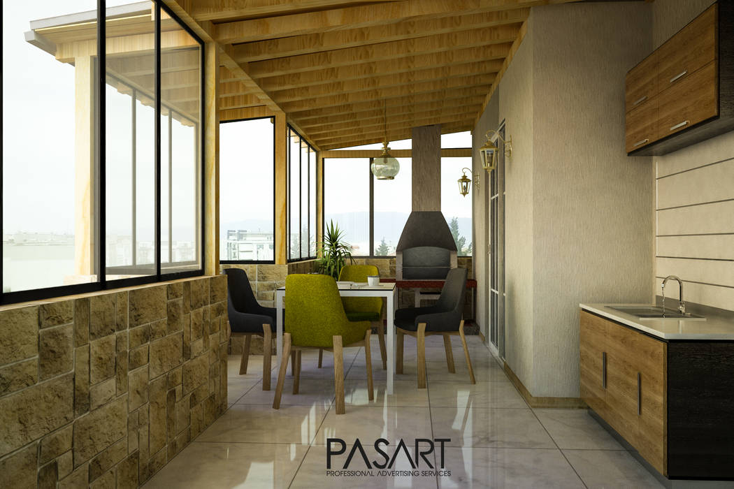 BAĞÇEŞME PROJE 3D GÖRSELLER, PASART DESİGN PASART DESİGN Modern balcony, veranda & terrace Wood Wood effect