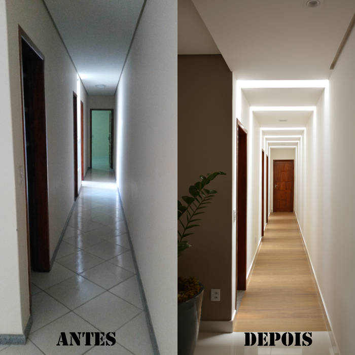 Antes e Depois do corredor CARDOSO CHOUZA ARQUITETOS Corredores, halls e escadas modernos Madeira Efeito de madeira corredor,iluminacao,antes e depois