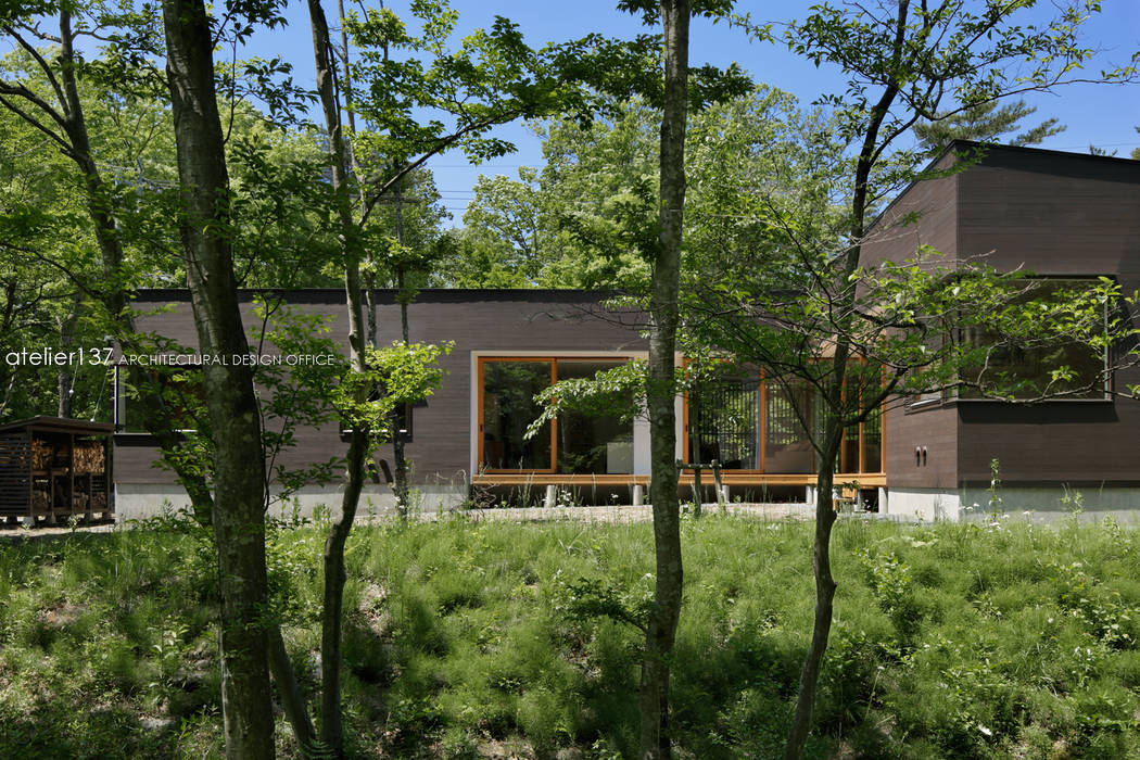 外観～038那須Fさんの家 atelier137 ARCHITECTURAL DESIGN OFFICE モダンな 家 木 木目調 板張,森,平屋