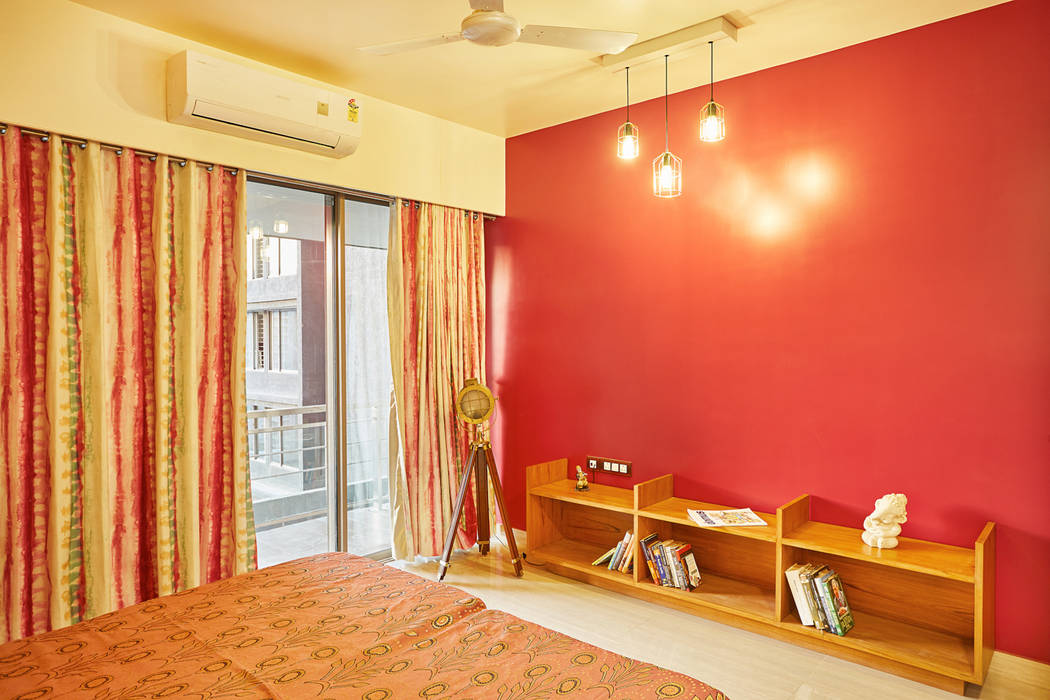 bedroom with red wall iSTUDIO Architecture Modern style bedroom