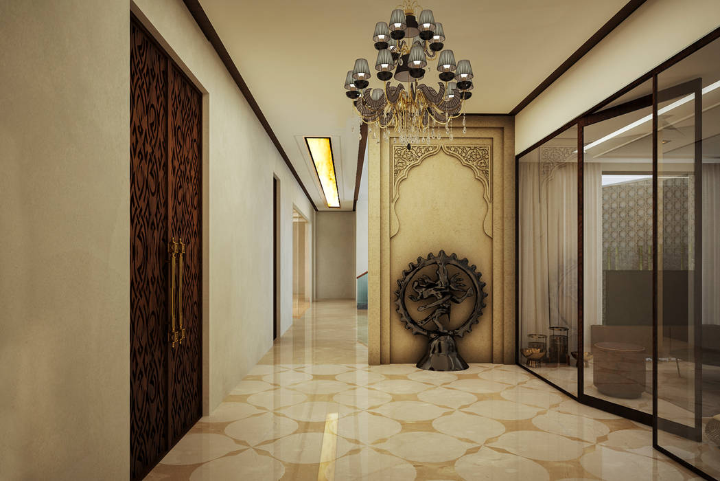 POOJA ROOM 23DC Architects Modern living room Wood Wood effect Building,Hall,Lighting,Wood,Interior design,Floor,House,Flooring,Ornament,Art