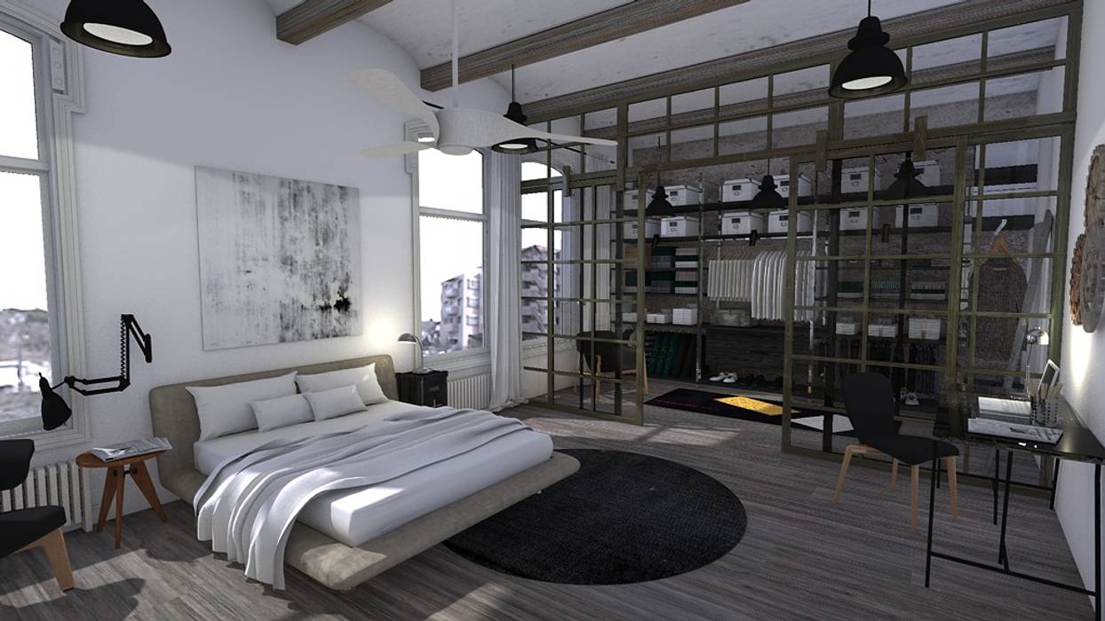 Industrial bedroom, Blophome Blophome Dormitorios de estilo industrial Edificio,Muebles,Comodidad,Madera,Diseño de interiores,Marco de la cama,Accesorio,gabinetes,Gris,Piso