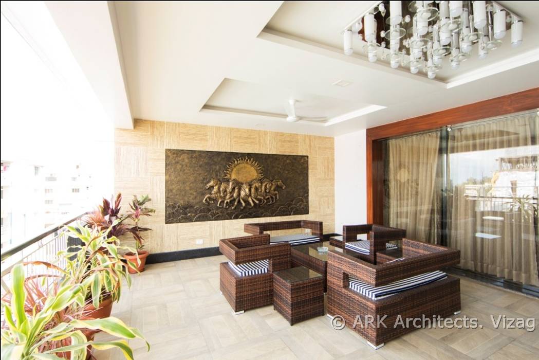 Hirawats House, ARK Architects & Interior Designers ARK Architects & Interior Designers Modern balcony, veranda & terrace Property,Plant,Table,Building,Couch,Picture frame,Wood,Lighting,Houseplant,Interior design