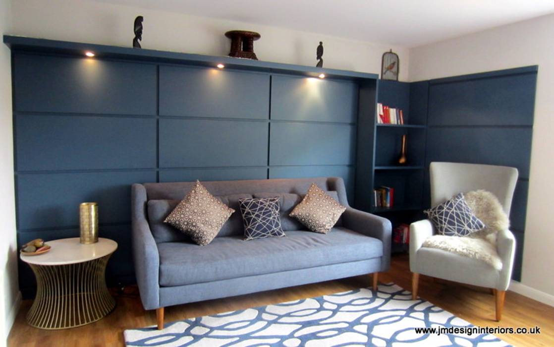 Midcentury Modern Lounge Diner JMdesign Soggiorno moderno blue,midcentury,geometric,panelling,marble,brass
