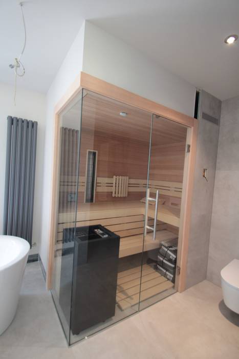 Sauna innen hemlock, mit glasecke im badezimmer ...