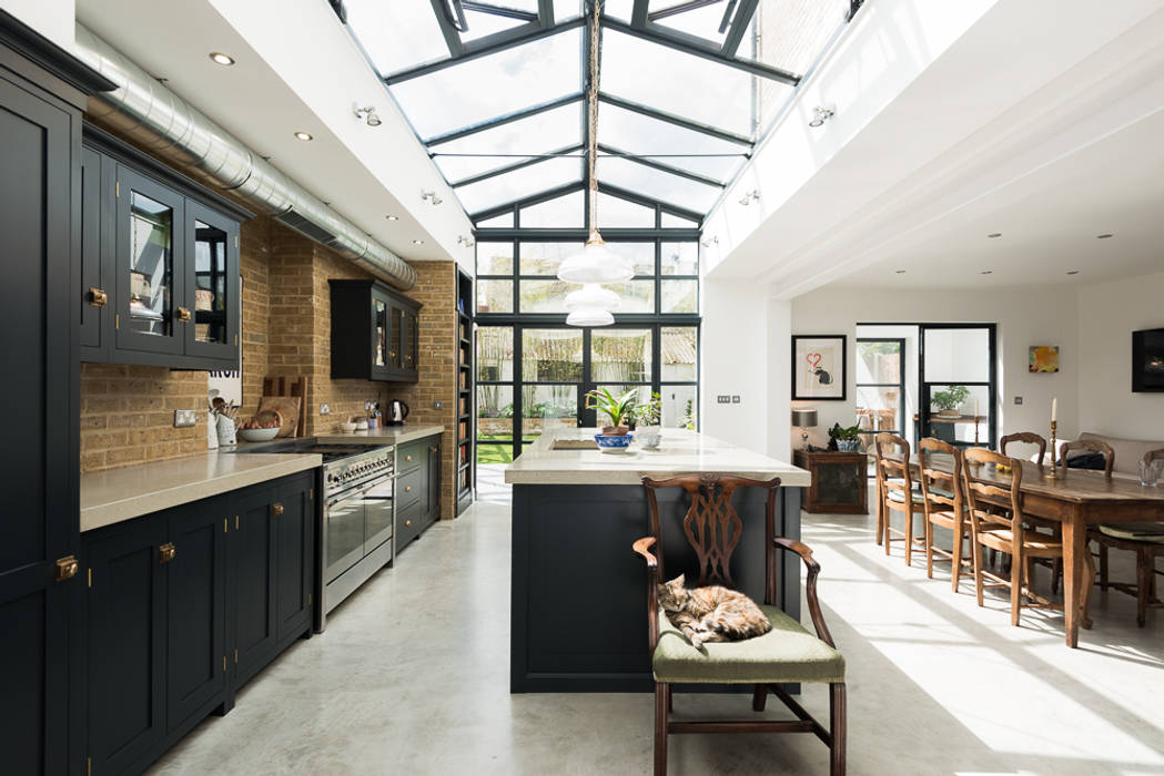 The Balham Kitchen by deVOL deVOL Kitchens Kitchen Wood Wood effect dark blue,crittall,windows,concrete,concrete worktops,concrete floor,handmade,british,kitchen,cupboards,style,contemporary