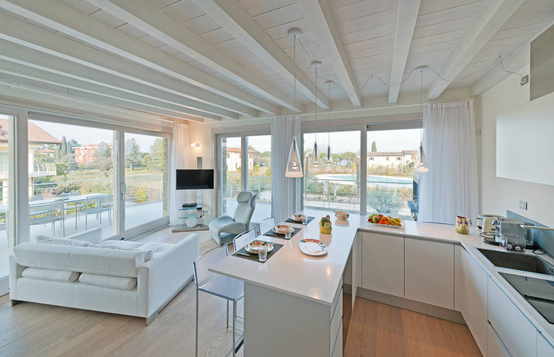 All White Apartment Gracious Luxury Interiors Modern kitchen Apartment,Flat,Kitchen,Living Room,Bright Kitchen