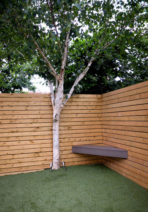 Small, low maintenance garden Yorkshire Gardens Taman Minimalis Kayu Wood effect artifical lawn,eco deck,simple garden