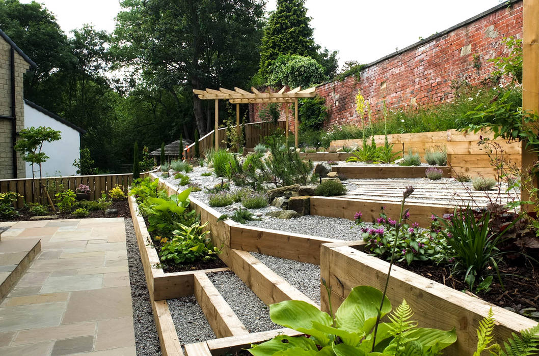 Modern Garden with a rustic twist Yorkshire Gardens Modern garden pergola,sleepers,raised bed