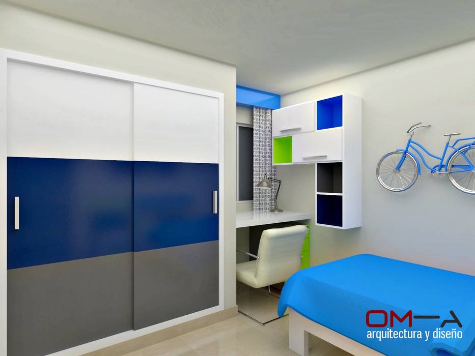 Diseño interior en apartamento, espacio dormitorio de niño om-a arquitectura y diseño Dormitorios infantiles modernos: