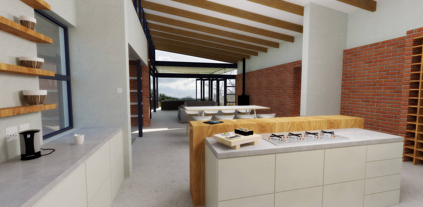 View from Kitchen: modern by ENDesigns Architectural Studio, Modern kitchen,open-plan,modern,minimalistic,face brick,interior,steel,open trusses