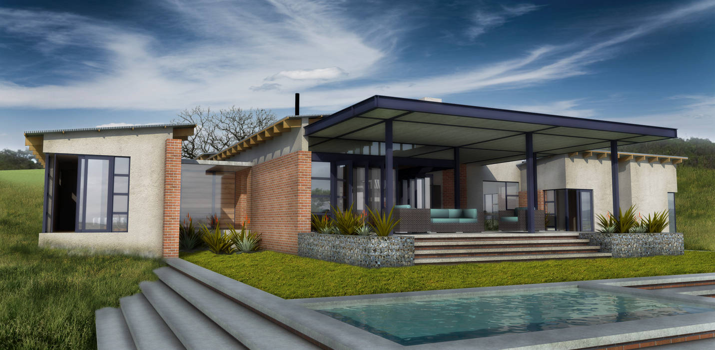 View towards Verandah: modern by ENDesigns Architectural Studio, Modern verandah,steel,concrete,steps,gabion walls,