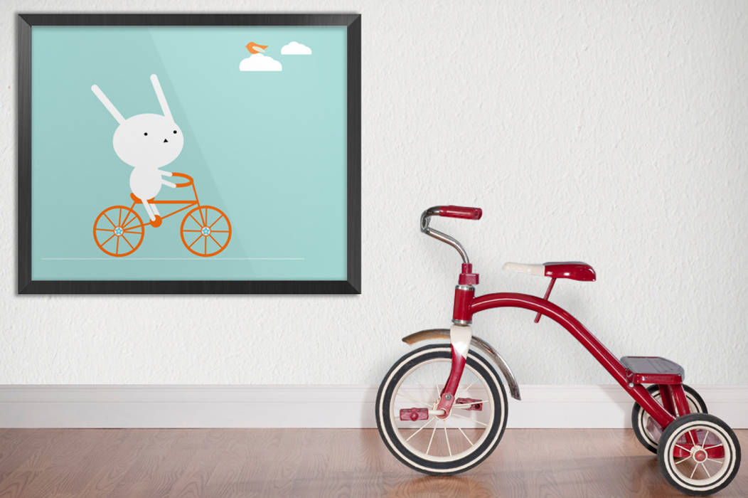Bunny on a bike Pixers Minimalistische Kinderzimmer wall mural,wallpaper,poster,print,kid,child,bunny,bike