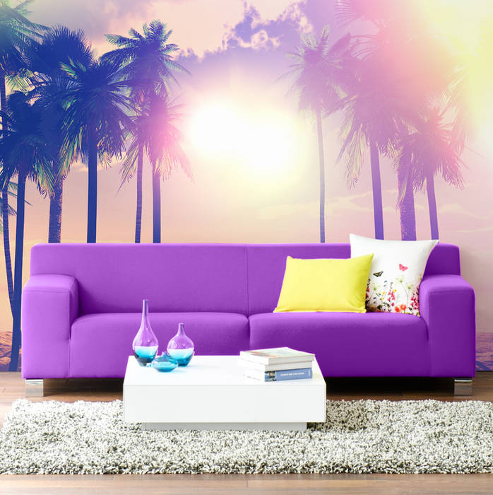 Palm trees and ocean Pixers Moderne Wohnzimmer Lila/Violett palms,palm trees,wall mural,beach,sunset,wallpaper