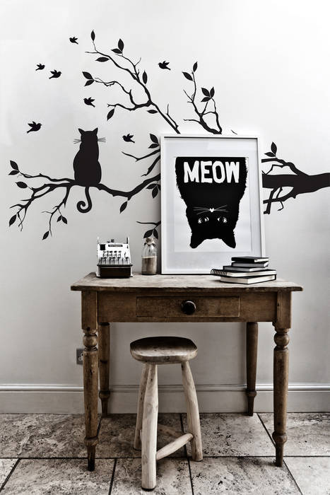 Meow Pixers Study/office wall mural,wallpaper,cat,tree,nature,leafs,drawing,black