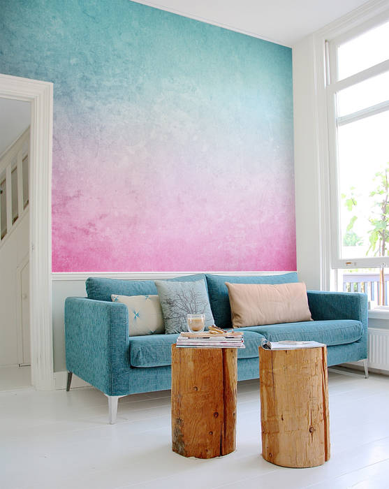 Pink&blue Ombre Pixers ห้องนั่งเล่น pink,blue,wall mural,ombre,pastel,watercolor,wallpaper