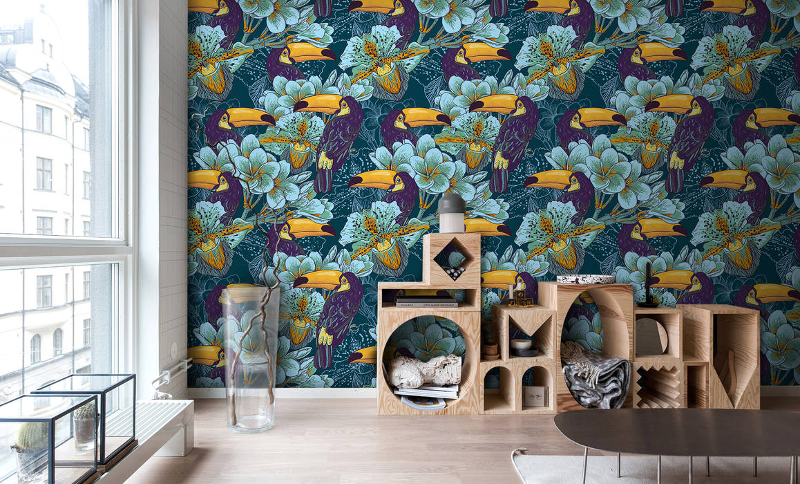 Toucans in the jungle Pixers Modern Living Room toucans,jungle,tropical,flowers,wall mural,wallpaper