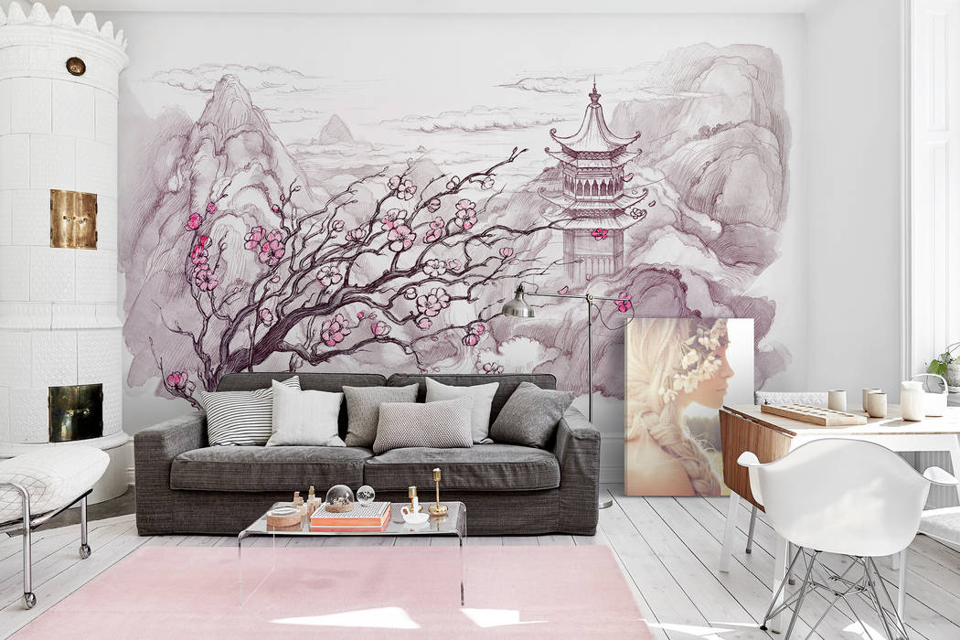 Japanese Mountains Pixers Salon original mountains,japan,cherry blossom,cherry,flowers,wall mural,wallpaper