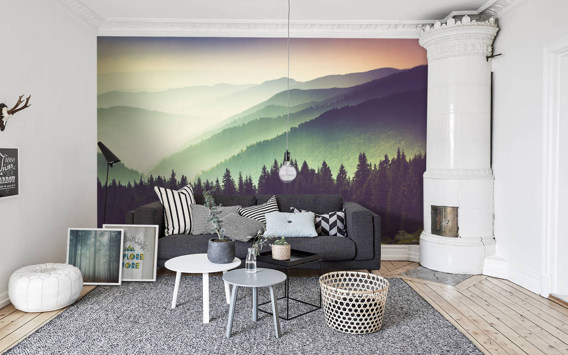 Mountains and haze Pixers Eclectic style living room mountains,haze,wall mural,forest,wallpaper