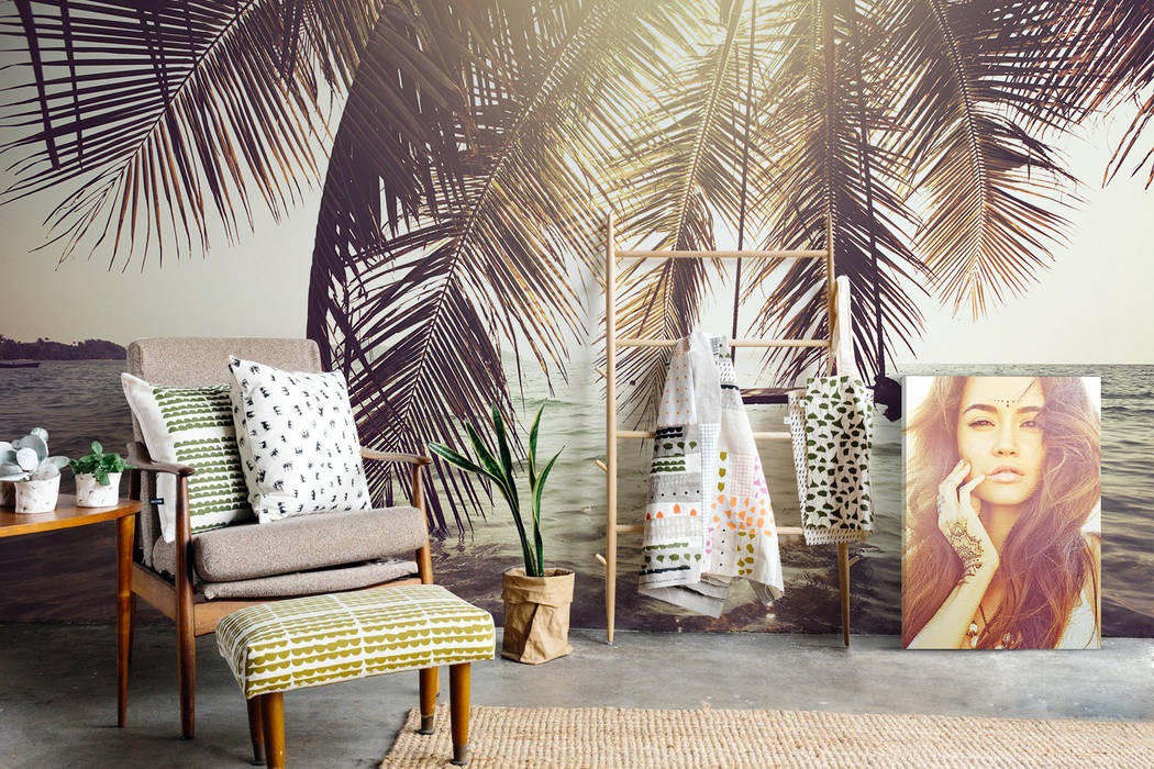 Under the palms Pixers Eclectic style living room palms,ocean,sea,wall mural,wallpaper