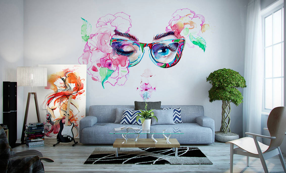 Artistic Living Room Pixers Living room Multicolored eyes,woman,wall mural,masque,wallpaper,carnival