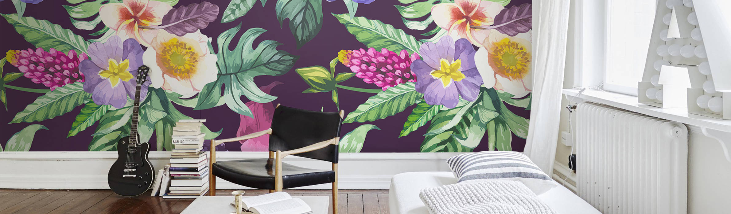 Purple Flowers Pixers Dormitorios de estilo tropical wall mural,wallpaper,flowers,tropical,leaves