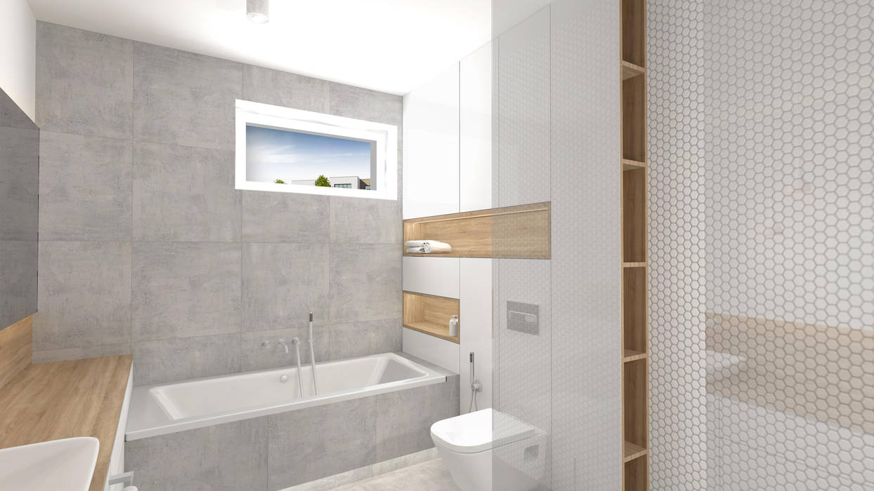 Dom w Sieradzu - projekt łazienki Interjo Minimalistyczna łazienka Płytki łazienka,gres,beton,biel,drewno,sieradz,interjo,jasna łazienka,gres drewnopodobny