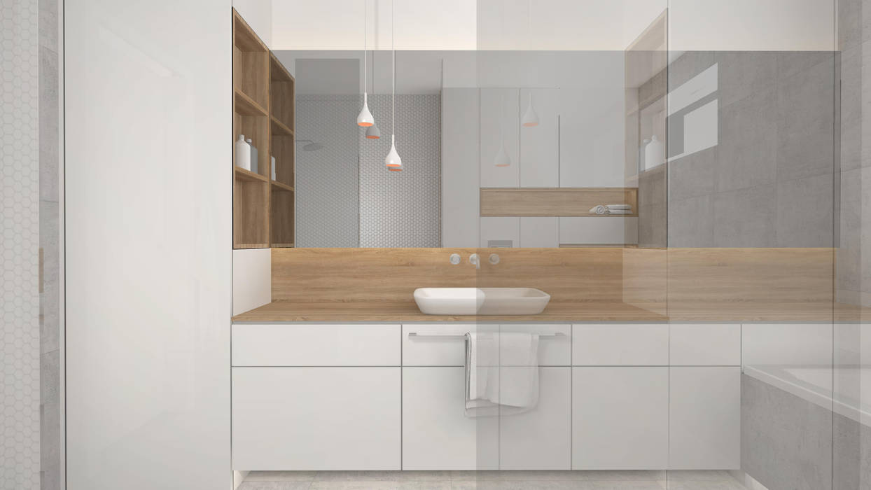 Dom w Sieradzu - projekt łazienki Interjo Minimalistyczna łazienka Płytki łazienka,biel,beton,drewno,gres,sieradz,interjo,jasna łazienka,gres drewnopodobny
