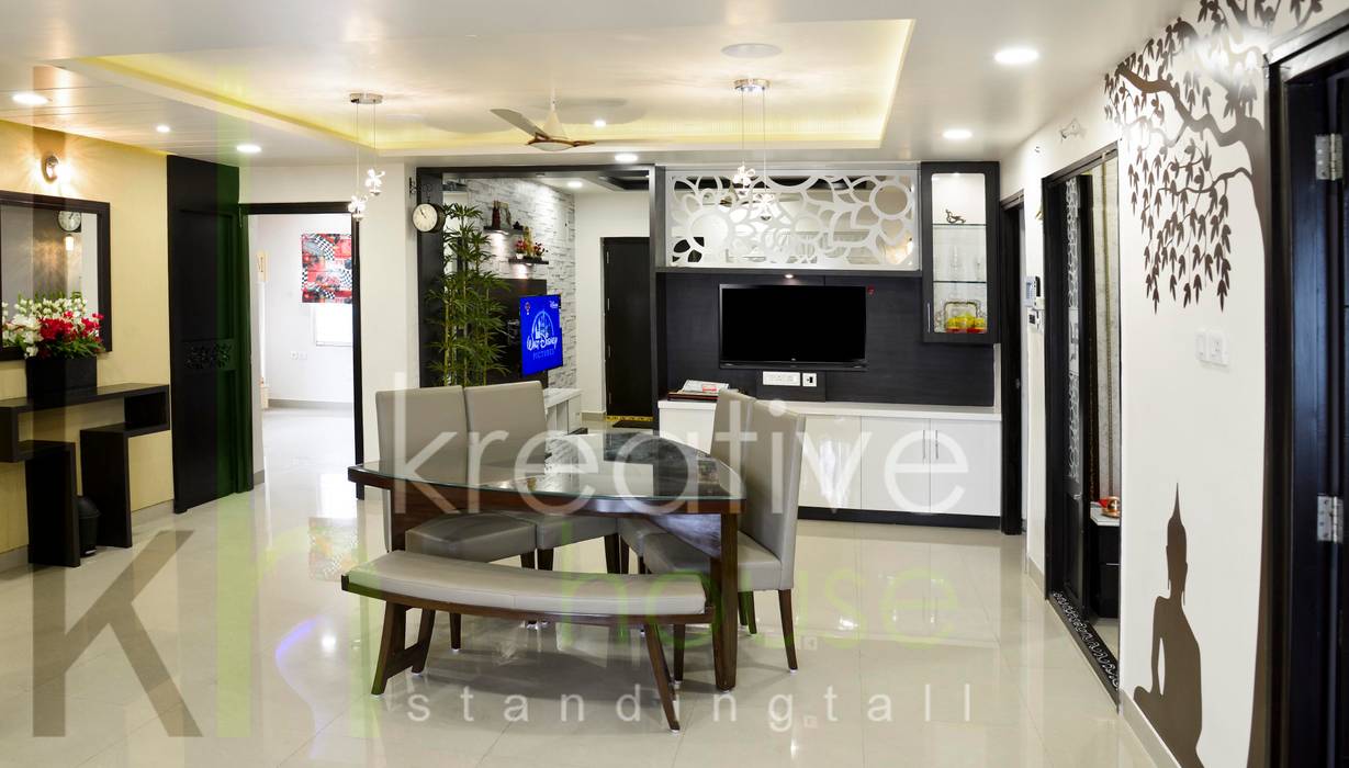 Dining KREATIVE HOUSE Modern dining room Plywood Picture frame,Television,Lighting,Interior design,Table,Floor,Living room,Flooring,Wall,Chair