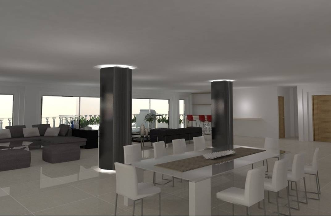 Santorini COLECTIVO CREATIVO Comedores de estilo moderno blanco,comedor,columnas,diseño interior,moderno,puro,sala,zona social
