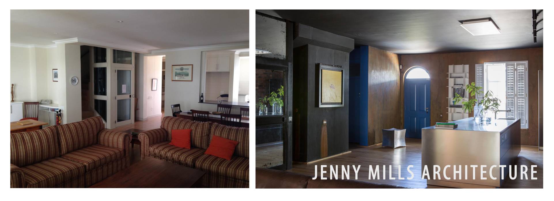 Living room, kitchen flow Jenny Mills Architects 现代客厅設計點子、靈感 & 圖片