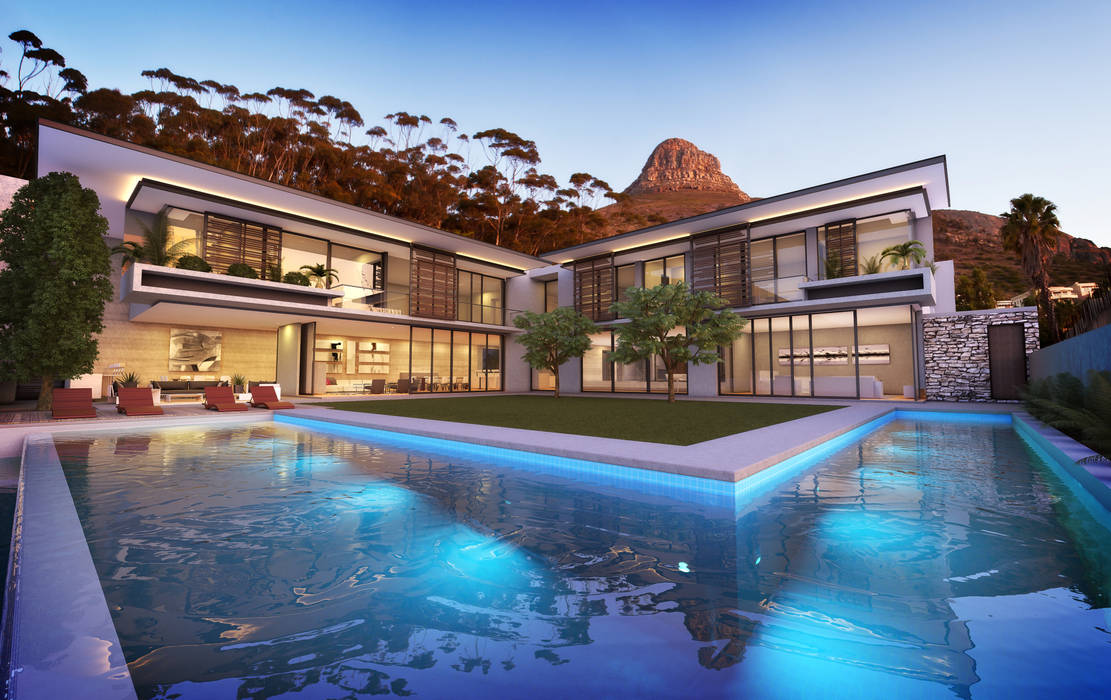 External Render Jenny Mills Architects Modern houses render,exterior,cape town,lions head,mountain,swimming pool,virtual,garden