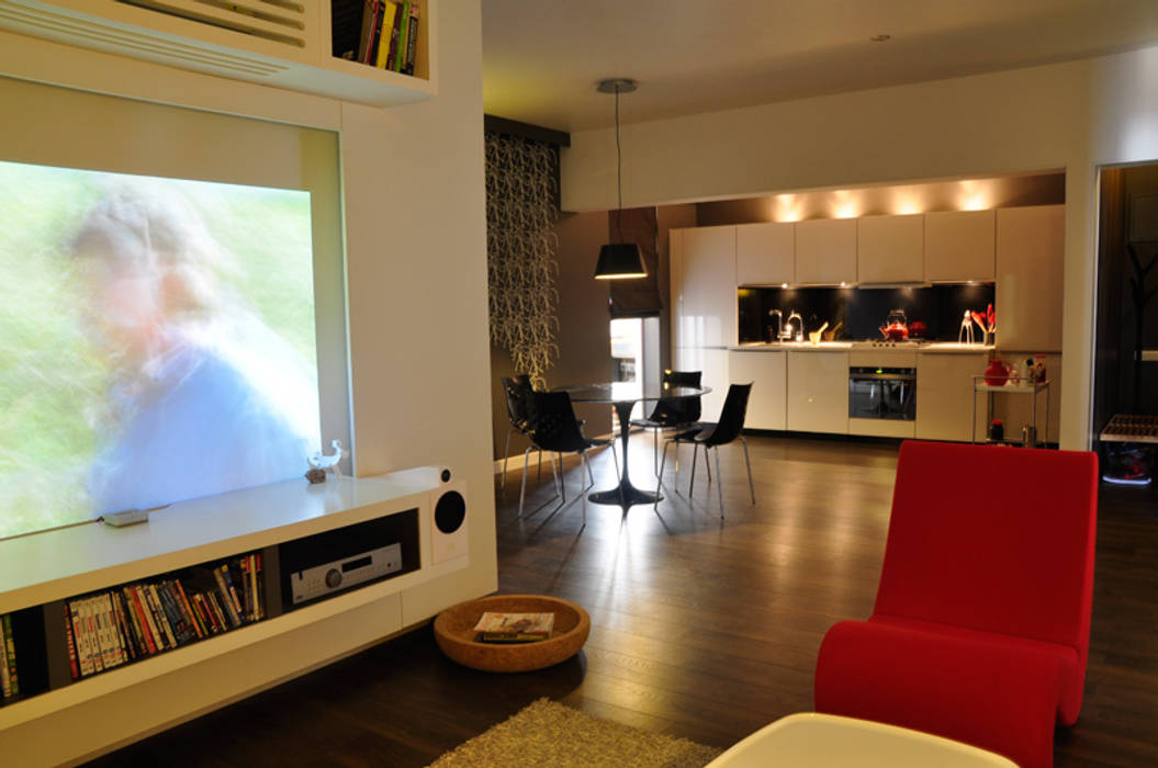 Living room towards kitchen Synectics partners Minimalist dining room Engineered Wood Transparent