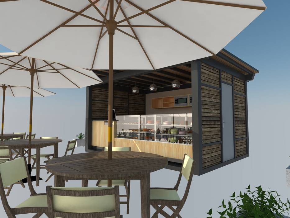 Mesa y Kiosco Atahualpa 3D Espacios comerciales Madera Acabado en madera Locales gastronómicos