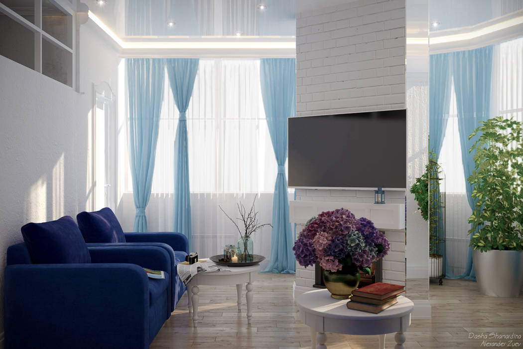 Дизайн квартиры на берегу Черного моря Студия интерьерного дизайна happy.design Гостиная в средиземноморском стиле кирпич,подсветка,ниша под шторы