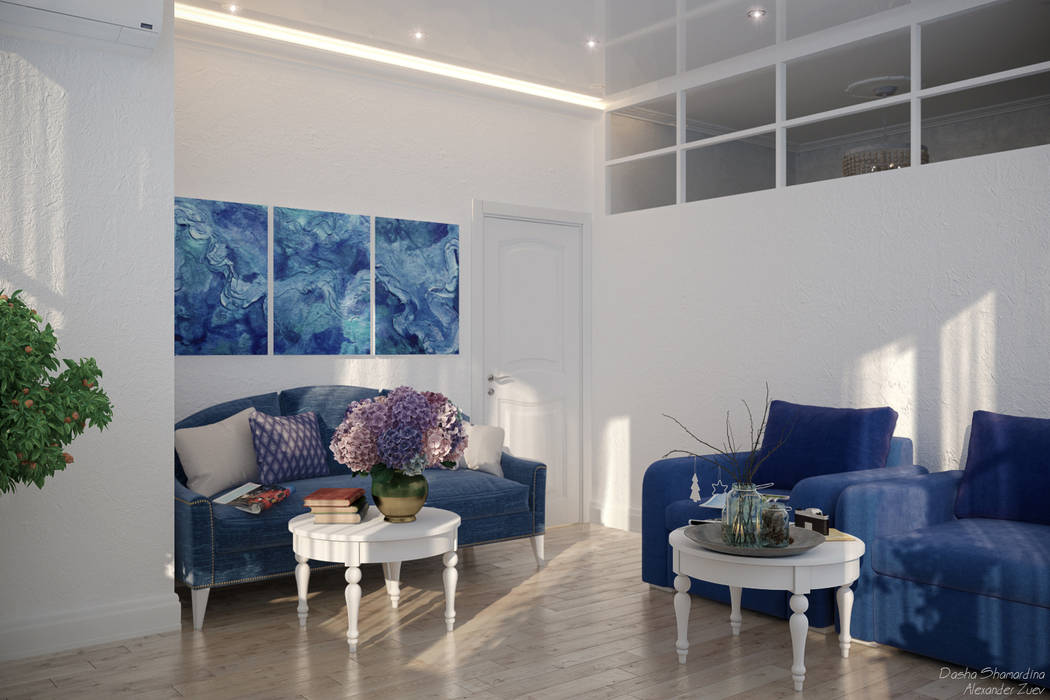 Дизайн квартиры на берегу Черного моря Студия интерьерного дизайна happy.design Гостиная в средиземноморском стиле подсветка,модульная картина,белые двери
