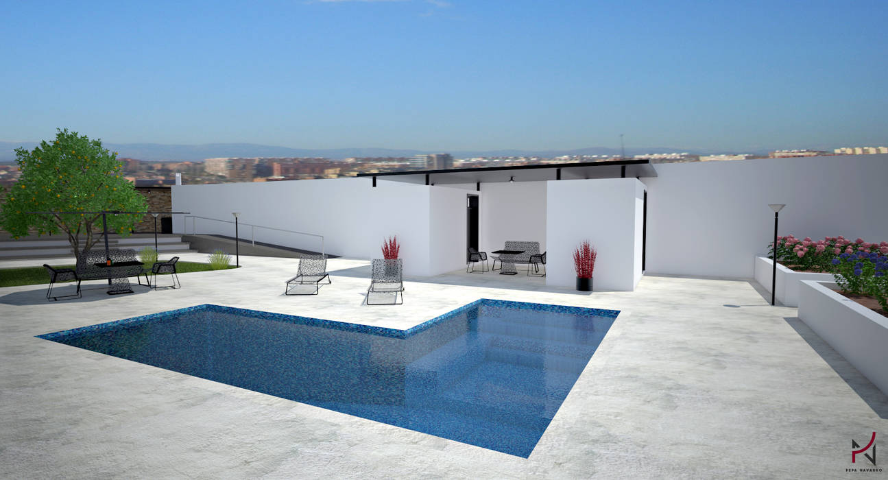 Infografía 3D espacio exterior piscina Pepa Navarro Interiorismo Piscinas de estilo minimalista