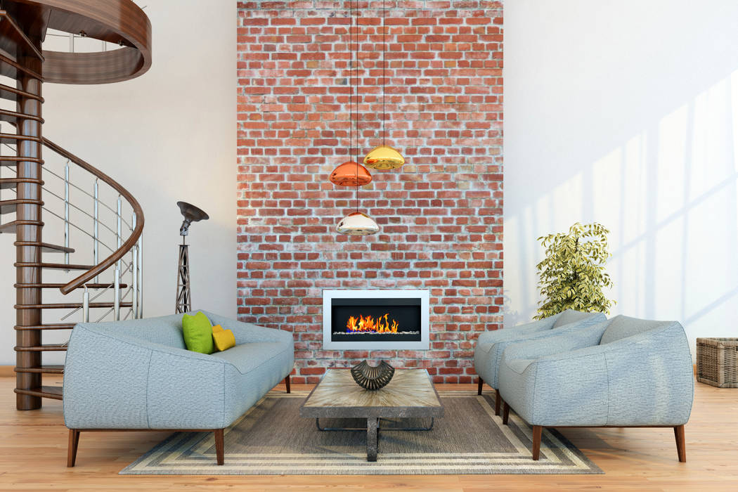 Exposed Brick With Copper Highlights Gracious Luxury Interiors Modern living room Bricks