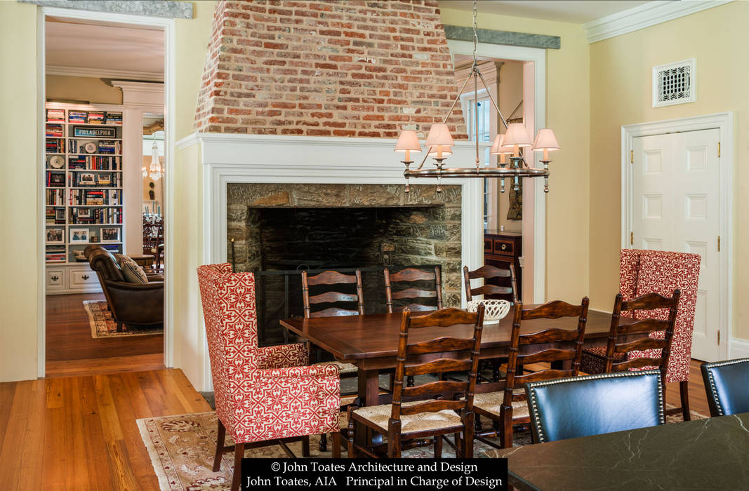 Family Dining John Toates Architecture and Design Classic style dining room interior,family dining,fireplace,brick,stone,mantle,chandelier,wood floors,classic,traditional