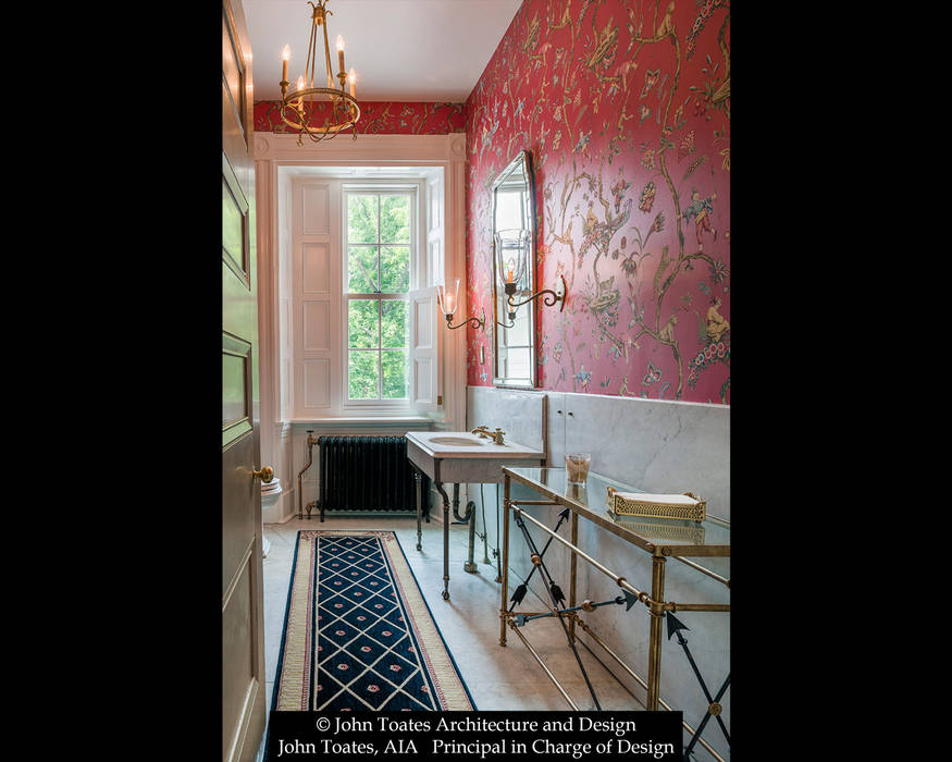 Powder Room John Toates Architecture and Design Classic style bathroom interior,powder room,wallpaper,paneling,shutters,marble,console sink,rug,sconces,mirror