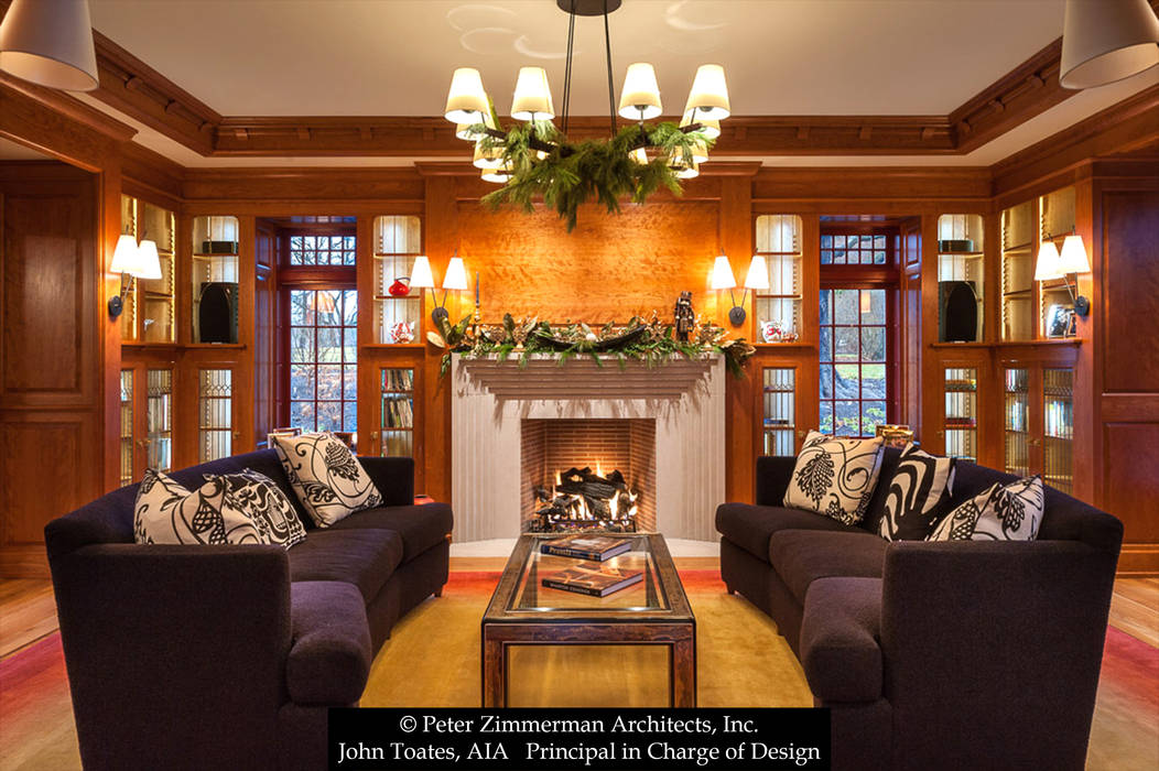 Living Room John Toates Architecture and Design Living room interior,living room,fireplace,mantle,sconces,sofas,coffee table,window,transom,chandelier