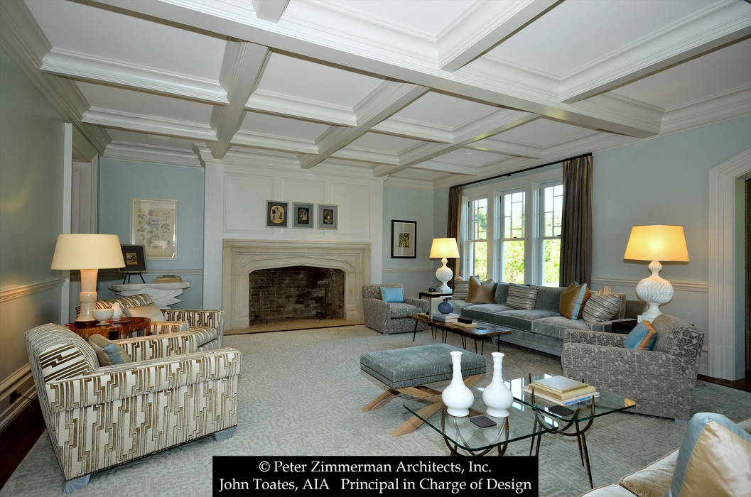 Living Room John Toates Architecture and Design Living room interior,coffered ceiling,fireplace,mantle,windows,addition,renovation,classic,traditional,chair rail