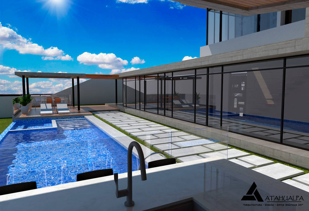 Render Vista Terraza Atahualpa 3D Piscinas de estilo moderno