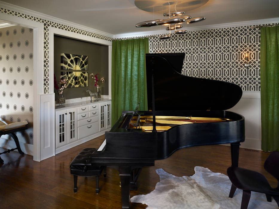 Cherry Creek Home, Andrea Schumacher Interiors Andrea Schumacher Interiors Eclectic style conservatory grand piano,area rug,art,chandelier,drapery,wallpaper,'