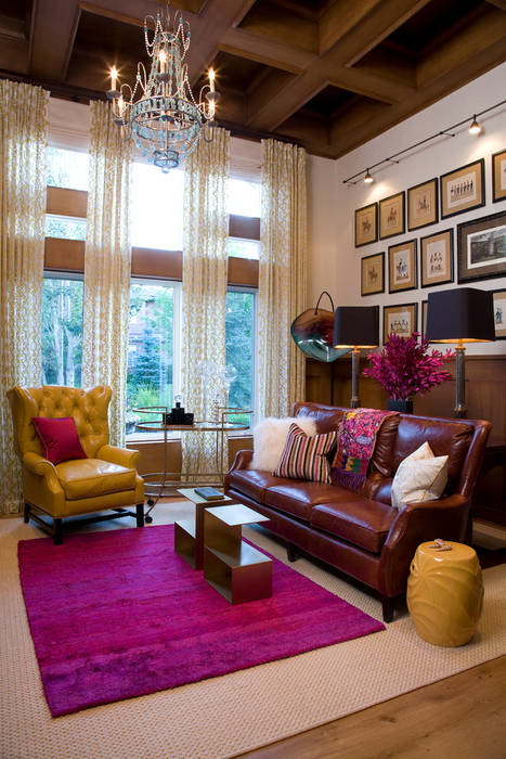 Greenwood Village Home, Andrea Schumacher Interiors Andrea Schumacher Interiors Study/office drapery,shades,leather chair,leather sofa,framed gallery wall,table lamps,garden stool,area rug