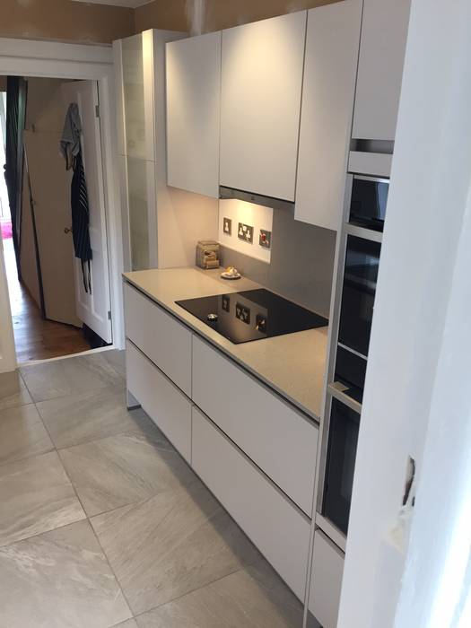 Nobilia Project 13 Laser 20mm matt laminate flat door in a mineral grey Eco German Kitchens Moderne keukens MDF Nobilia matt laminate,mineral grey,stainless steel continuous handle rail,flat panel,small galley kitchen,Quartz worktops in MA Grey,Blanco silgranite sink,Blanco Culina tap