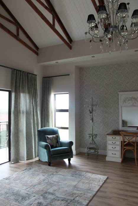 Main Bedroom Inside Out Interiors Country style bedroom wallpaper,focal wall,main bedroom,upholstered wingback chair,wooden floors,dressing table,wave curtains,spacious seating area.,Dressing tables