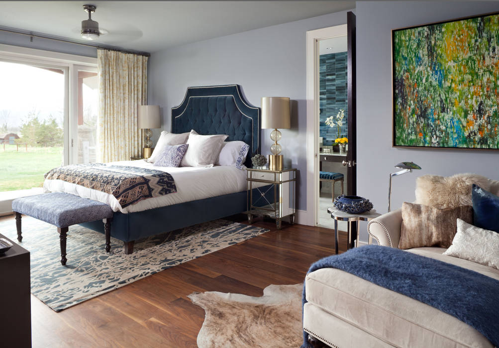 Elegant Modern and Timeless, Andrea Schumacher Interiors Andrea Schumacher Interiors Classic style bedroom drapery,upholstered bed,area rug,throw,euro pillows,bedding,table lamps,abstract art,side table,floor lamp,chaise,'