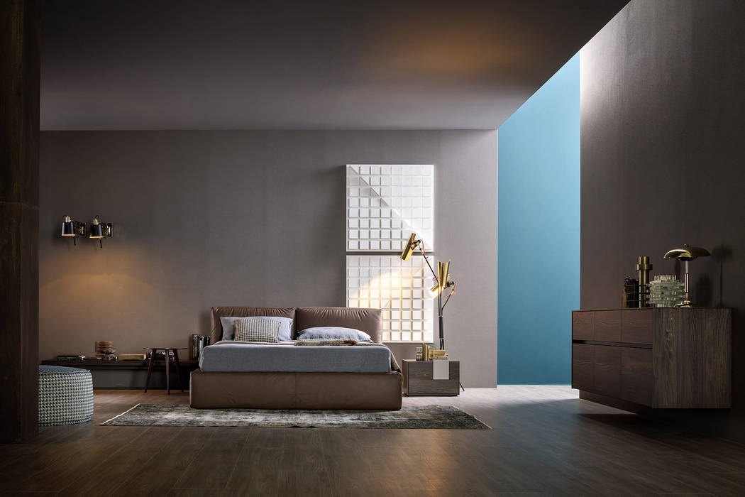 Modernes Schlafzimmer Mit Dunklen Mobeln Lederbett Und Goldenen Lampen Livarea Moderne Schlafzimmer Homify